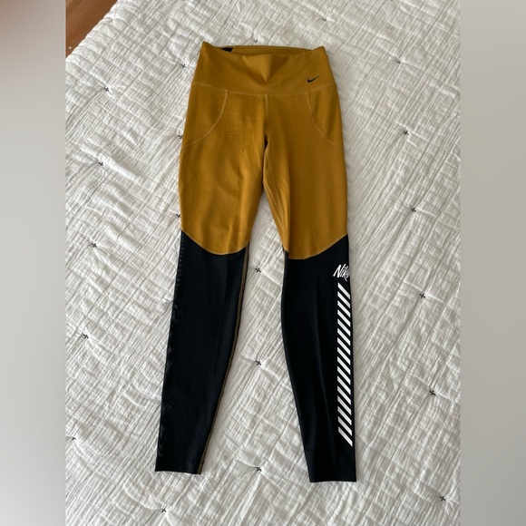 NIKE Dri-Fit High Rise Compression Leggings in Golden Mustard Black Mesh Size XS - Picture 5 of 15